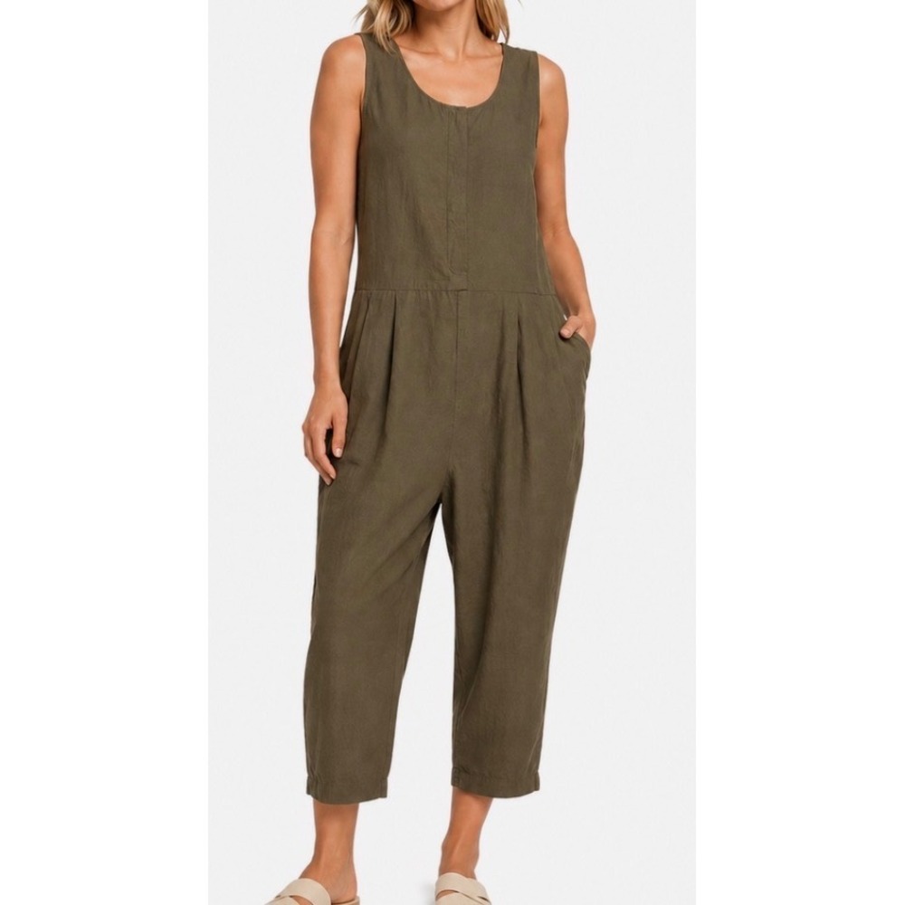 Eileen Fisher Organic Cotton Croooer Jumpsuit Olive Green Size XL Sleeveless
